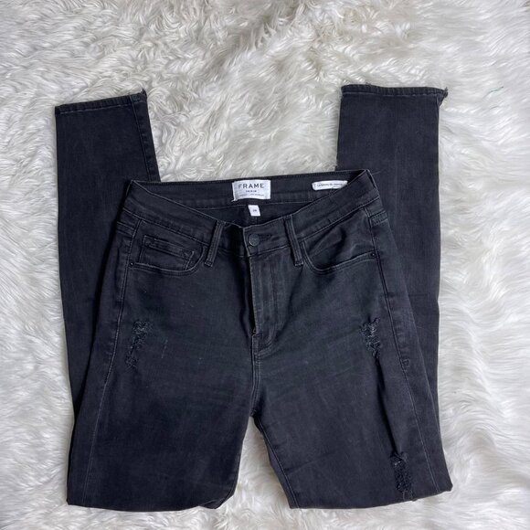 FRAME Le Skinny de Jeanne Jeans Le Color Rip Film Noir Mid Rise Distressed 28.5" - Picture 7 of 14